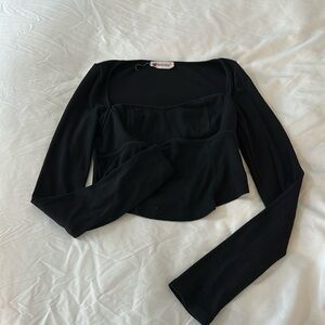 Black scoopneck, faux corset ribbed, long sleeve T-shirt